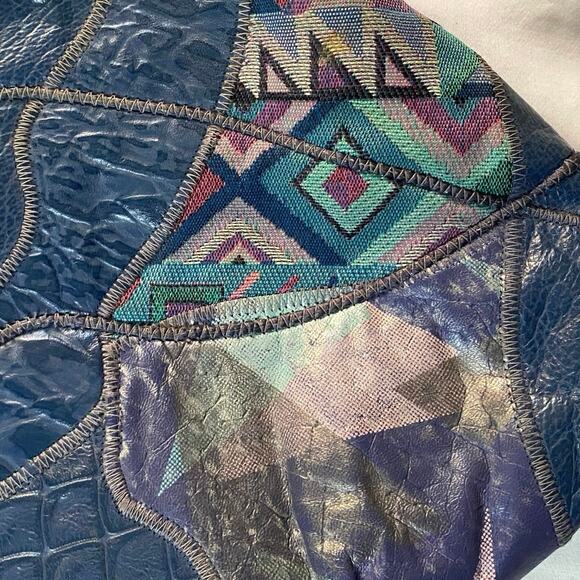Vintage Patchwork Blue‎ Saks Fifth Handbag 80s USA Shoulder bag Leather - Picture 3 of 7
